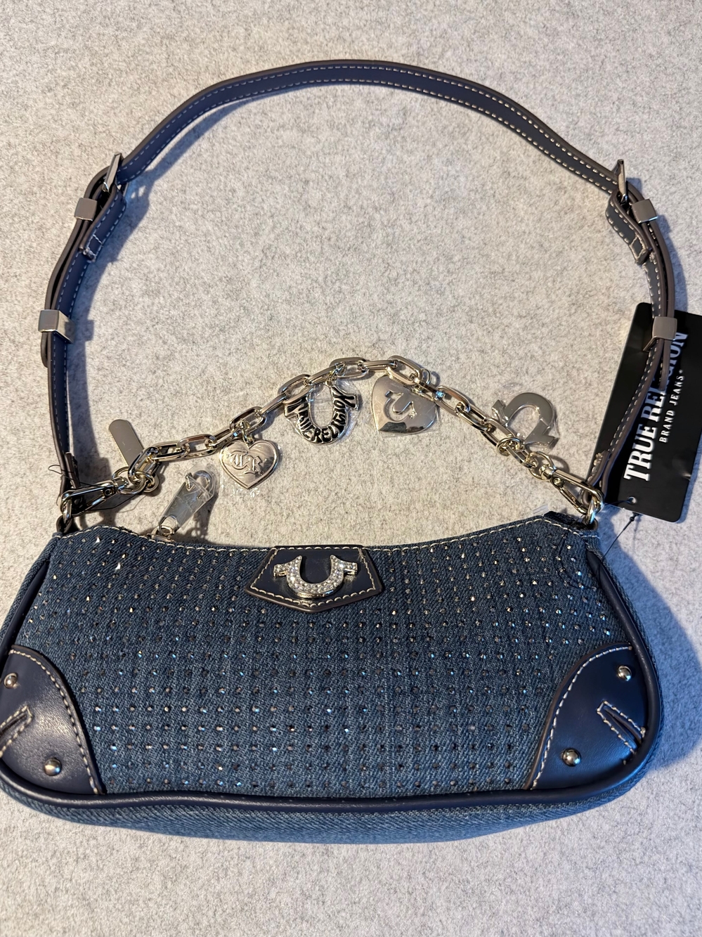 True Religion Navy Embellished Chain-Accent Shoulder Bag
